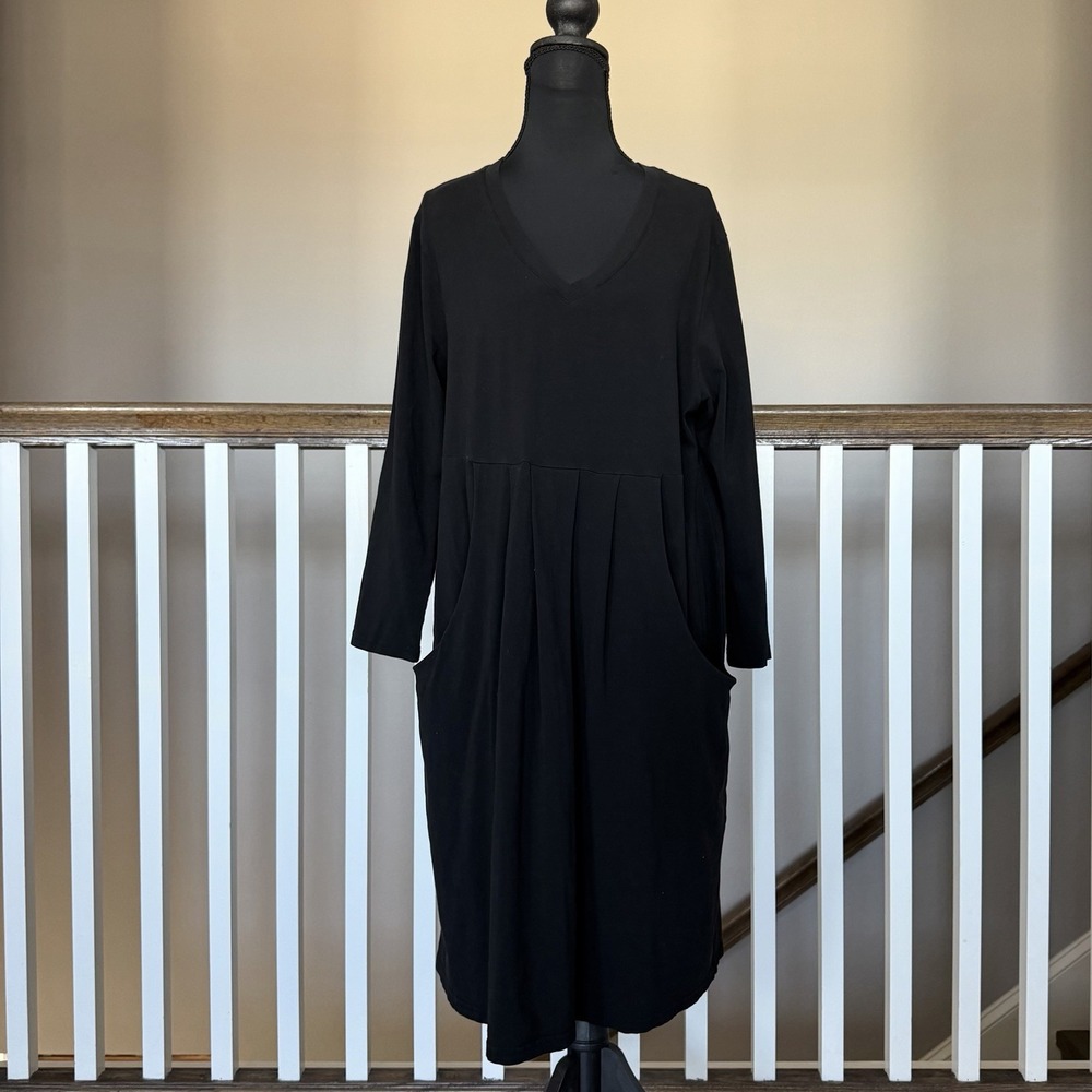 Iridium V Neck 3/4 Sleeve Lagenlook Dress Black Large Minimalist Boho Artsy